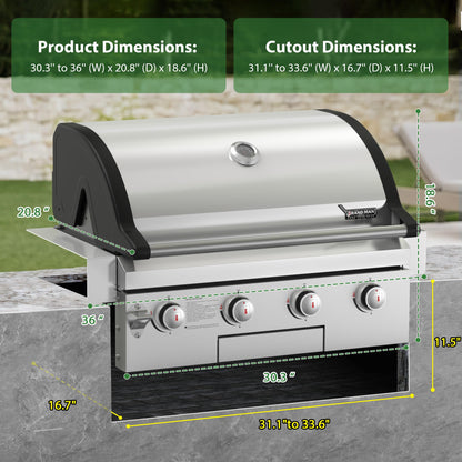 Brand-Man Gas Grill Built-In Head, 30-Inch 4-Burner Propane Grill, Natural Gas Convertible, Heavy Duty 304 Stainless Steel 40,000BTUs BBQ Island Outdoor Kitchen
