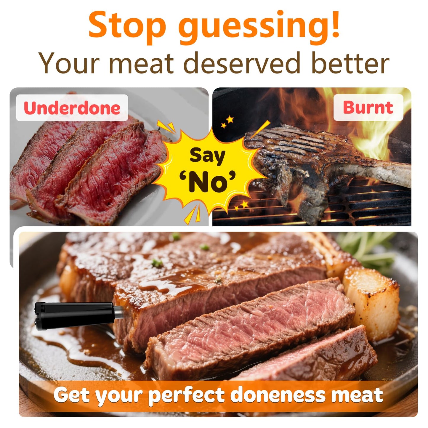 Real-Time Alerts Wireless Meat Thermometer - Smart Bluetooth Probe for BBQ, Grill, Oven, Smoker - Long Range Bluetooth, Accuracy Temp, Dishwasher Clean, Waterproof - Perfect for BBQ Lovers & Chefs