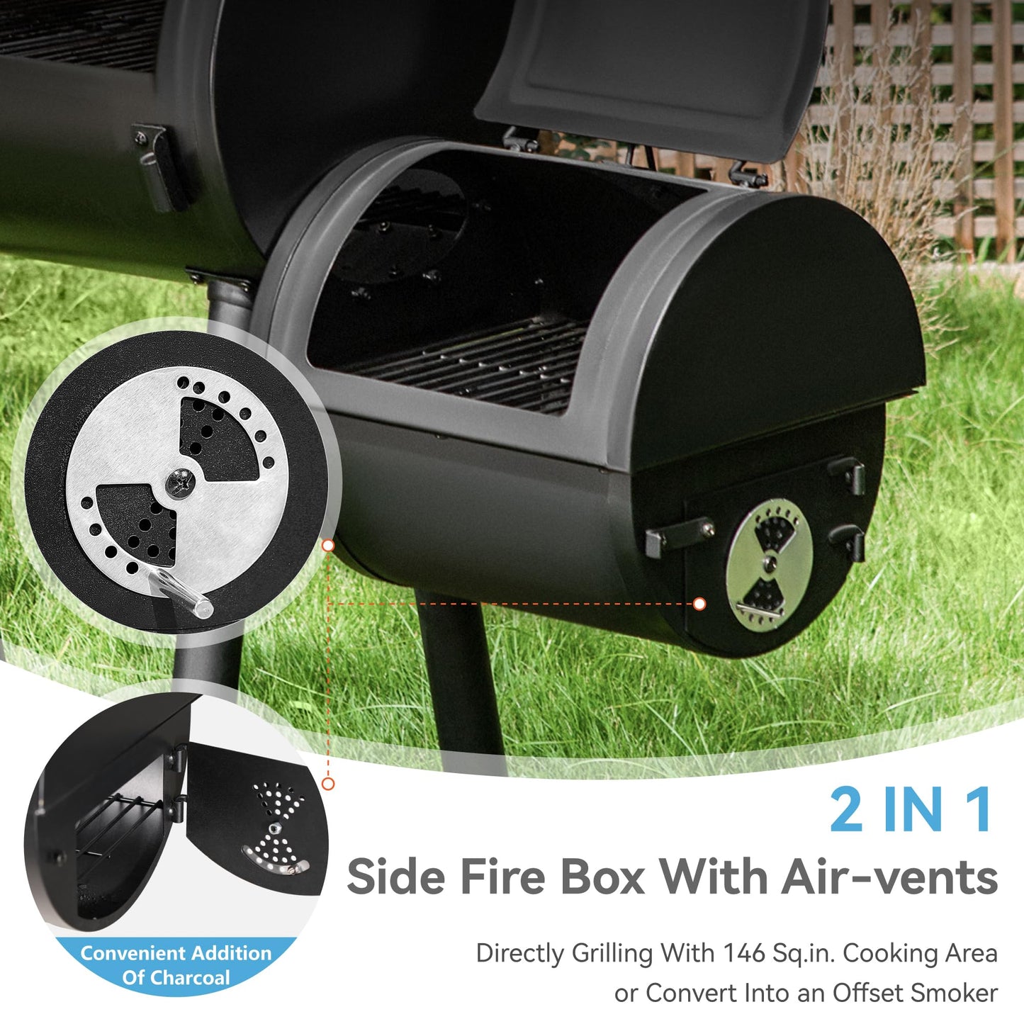 GREEN PARTY BBQ Charcoal Grill with Offset Smoker, 2 in 1 Smoker and Charcoal Grill combo, 512 Square Inch Space Barrel Charcoal Smoker Grill for Outdoor Camping Patio Backyard Cooking, Medium