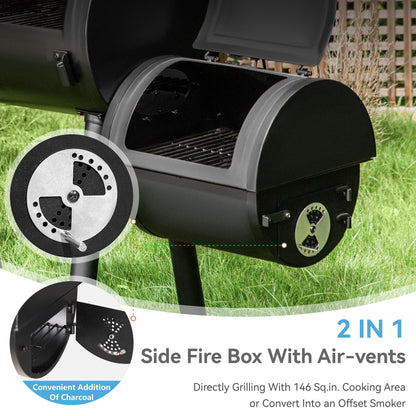 GREEN PARTY BBQ Charcoal Grill with Offset Smoker, 2 in 1 Smoker and Charcoal Grill combo, 512 Square Inch Space Barrel Charcoal Smoker Grill for Outdoor Camping Patio Backyard Cooking, Medium