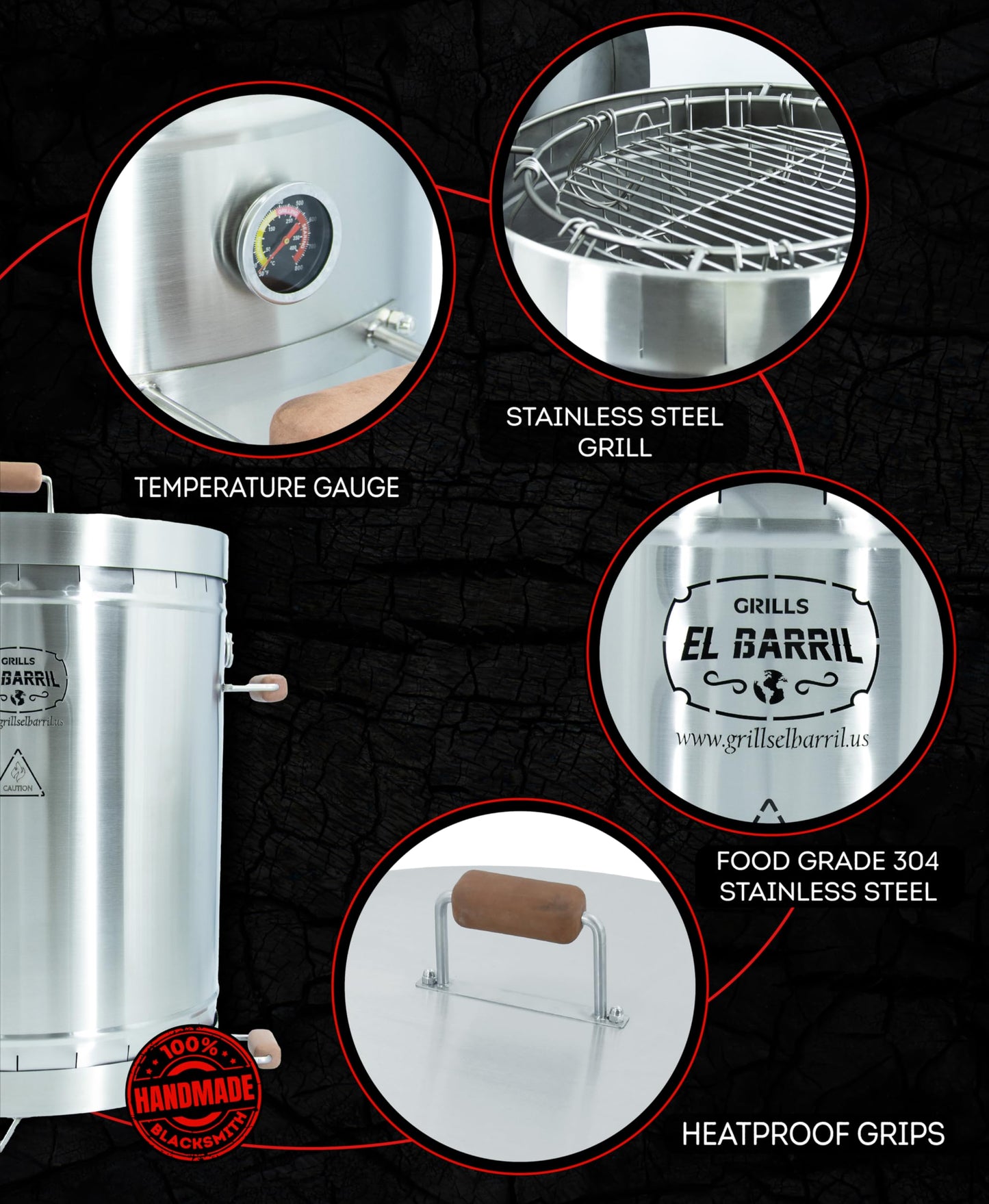 EL BARRIL 60lbs Grill & Smoker Barrel, Stainless Steel Charcoal Smoker Grill – Portable Outdoor Smokers with Even Heat Distribution & Grilling Accessories