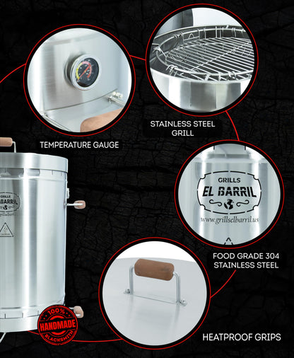 EL BARRIL 60lbs Grill & Smoker Barrel, Stainless Steel Charcoal Smoker Grill – Portable Outdoor Smokers with Even Heat Distribution & Grilling Accessories