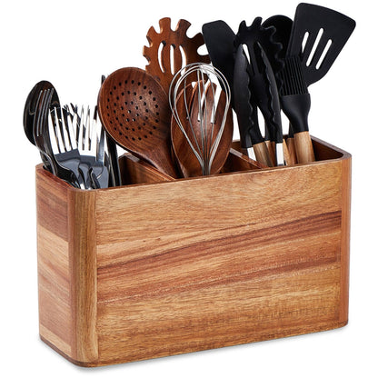 LOHONER Wooden Utensil Holder for Kitchen Counter, Large Acacia Utensil Holder for Countertop with 3 Compartment, Cooking Utensil Organizer, Silverware Caddy with DIY Greeting Cards