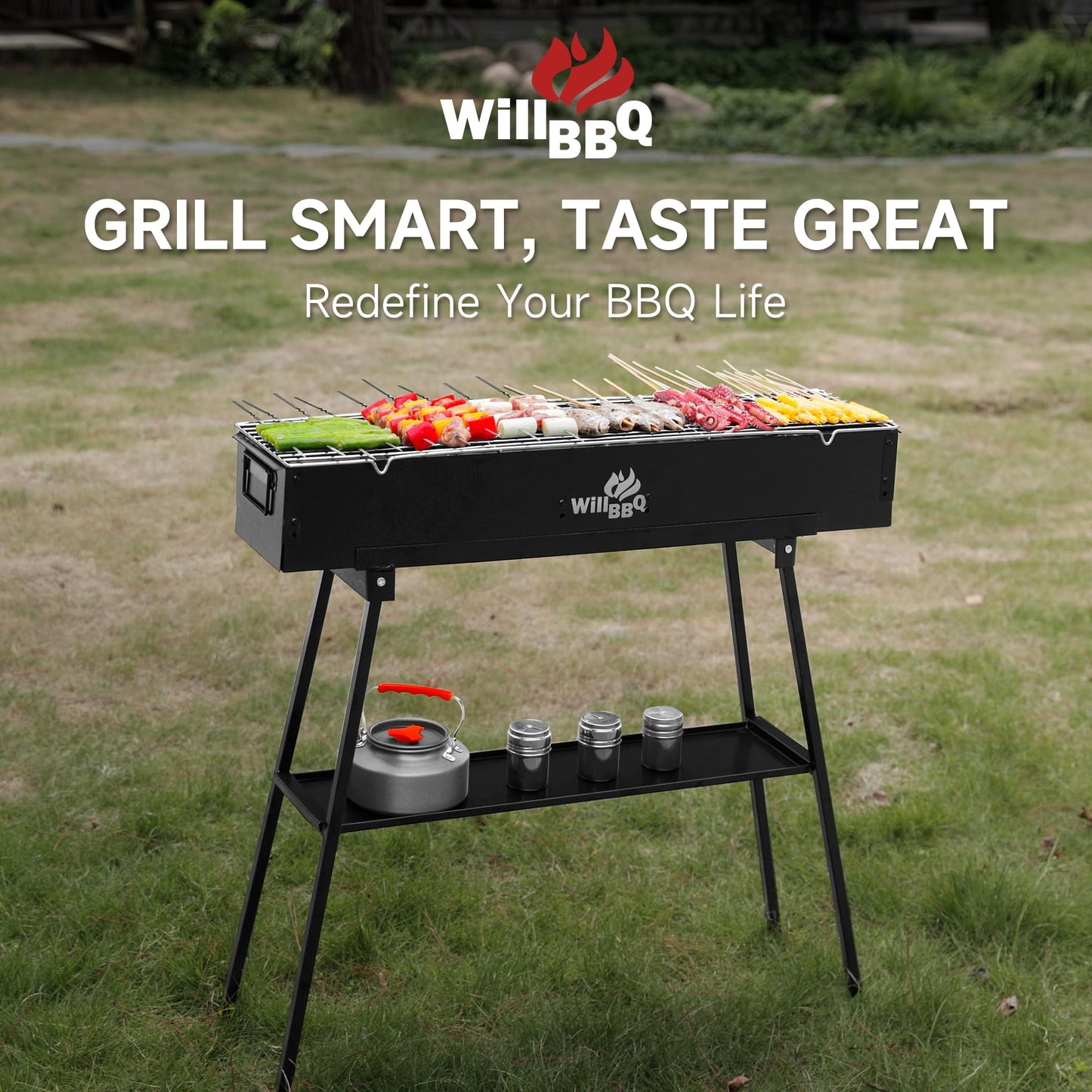 WILLBBQ Charcoal Grills Commercial Quality Portable Multiple Size Hibachi BBQ Lamb Skewer Folded Camping Barbecue Grill for Backyard Party Picnic Use(31.6x7.1x5.1 inch With Accessories),BLACK