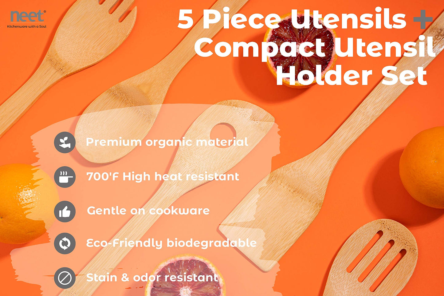 Neet Wooden Spoons For Cooking 6 Piece Organic Bamboo Utensil Set With Holder Wood Kitchen Utensils Spatula Spoon For High Heat Stirring In Nonstick Pots & Pans Quality Gift & Everyday Use