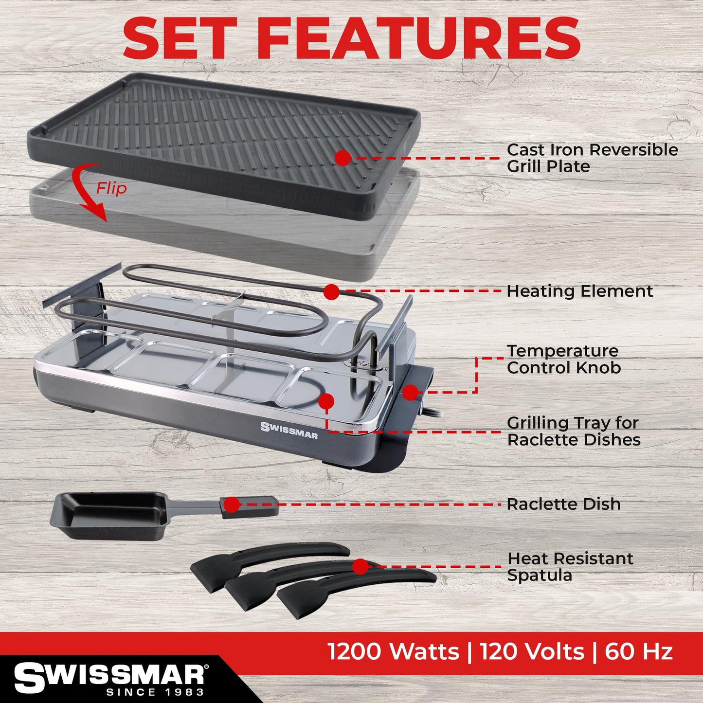 Swissmar Classic 8-Person Raclette Party Grill - Indoor Electric Grill & Griller with Reversible Cast Iron Grill Plate/Crepe Top - Anthracite Black