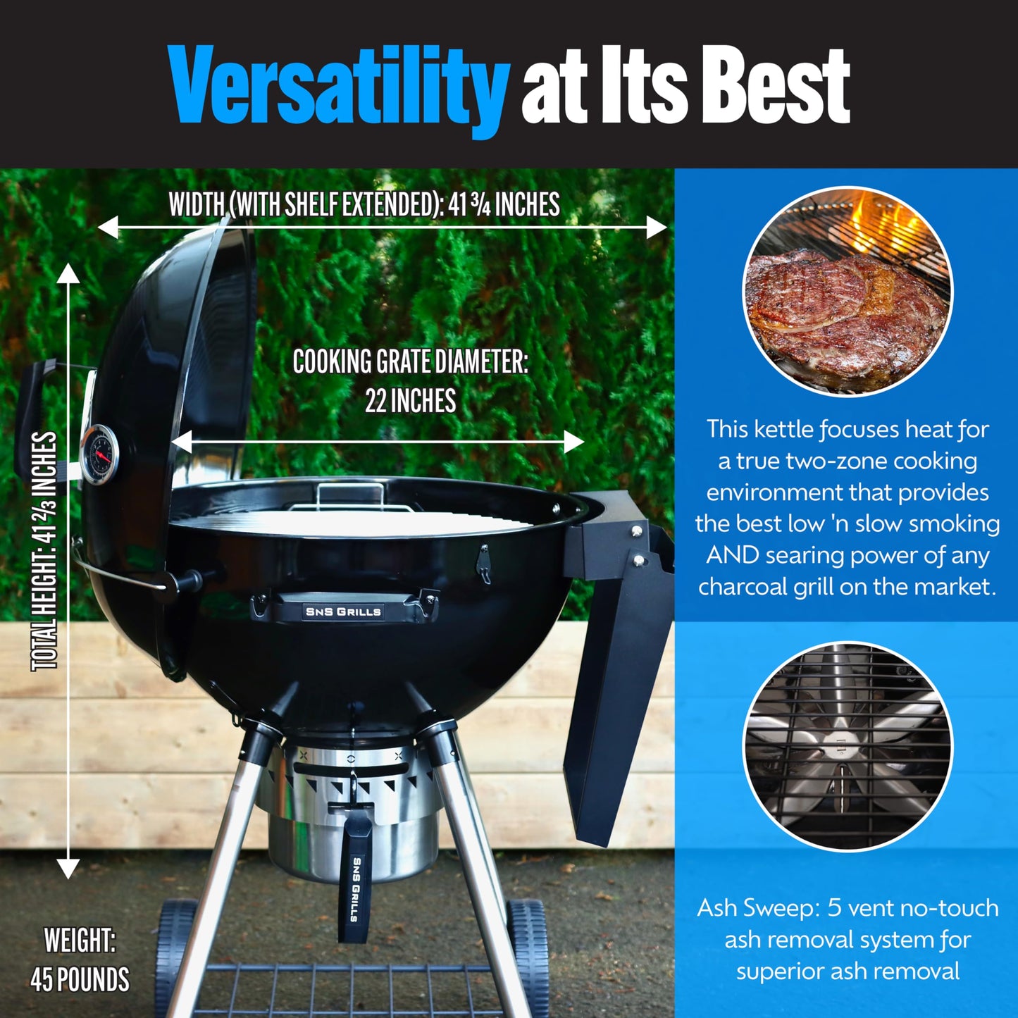 SnS Grills Original Kettle Charcoal Grill with Patented Slow 'N Sear Deluxe Insert and EasySpin Grate for Two-Zone Cooking, Low ‘N Slow Smoking and BBQing - Black 22-Inch
