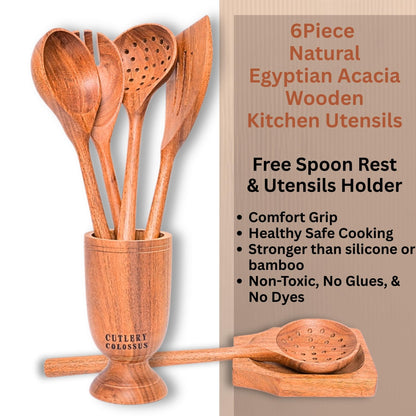 6-Pieces Wooden Spoons for Cooking with Free Holder Premium Acacia Wood Utensils Set Strong Smooth & Safe Kitchen Wooden Utensil Set Nonstick Wood Cooking Utensils Set (6-Pieces Wooden Spoons)