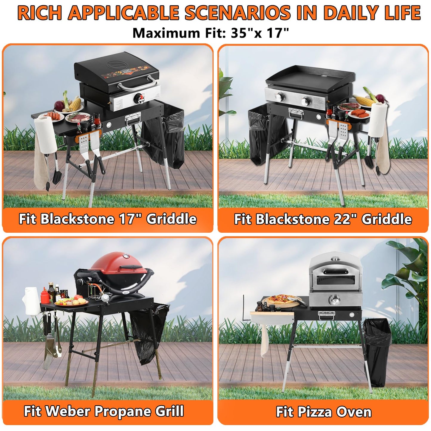 TONFUGLN Foldable Portable Grill Table Fits 17" Or 22" Blackstone Griddle Stand, Ninja Grill Stand: Adjustable Leg with Trash Holder Perfect Blackstone Stand Accessories for Outdoor Cooking Camping