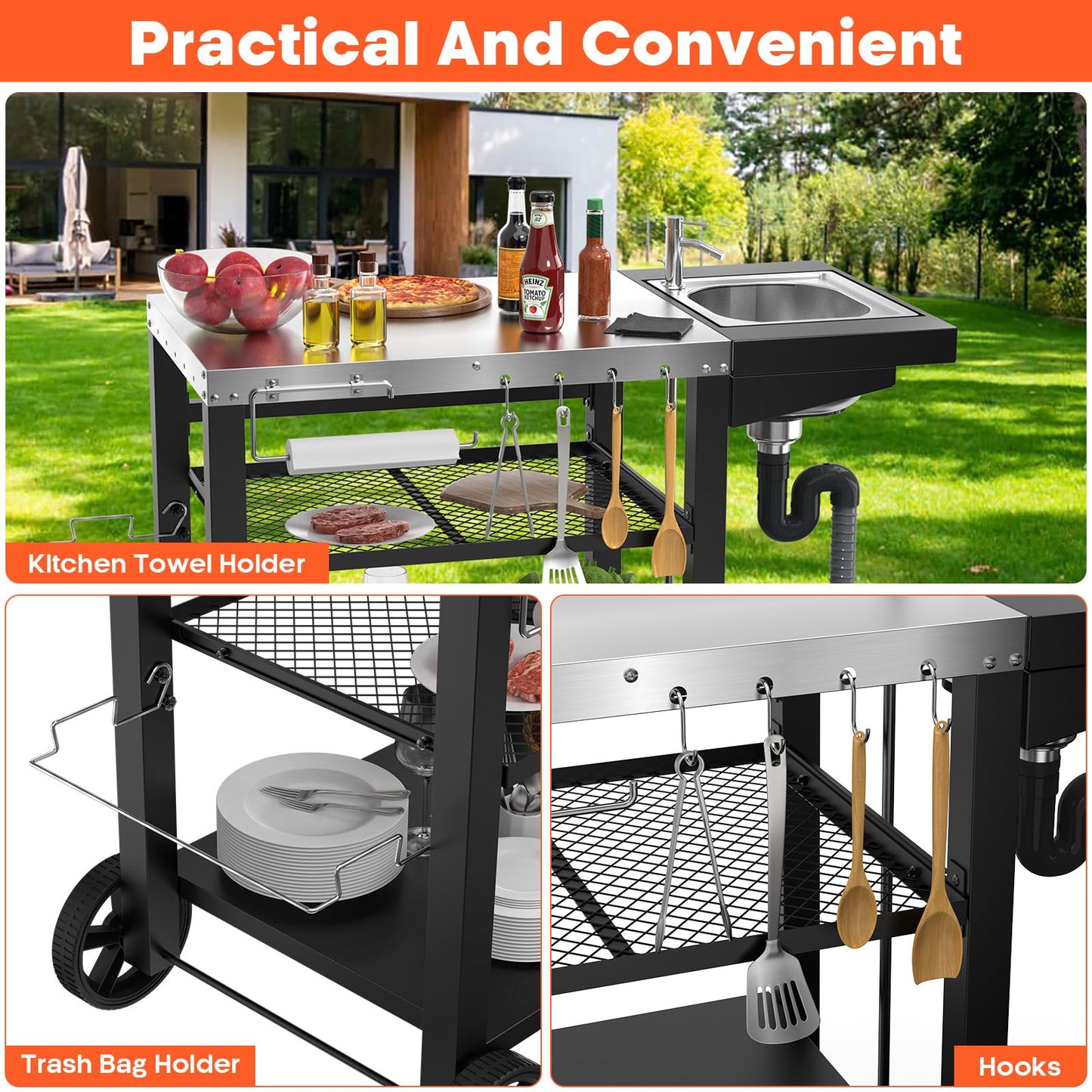 Outdoor Grill Table with Sink, Pizza Oven Cart with Drawer & Wheels, Movable 3 Shelf Food Prep Table for Ninja Woodfire, Blackstone Griddle Stand, Ooni Pizza Oven, Cuisinart, Cooking Station