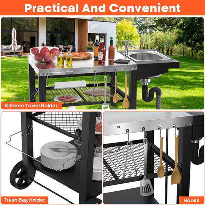 Outdoor Grill Table with Sink, Pizza Oven Cart with Drawer & Wheels, Movable 3 Shelf Food Prep Table for Ninja Woodfire, Blackstone Griddle Stand, Ooni Pizza Oven, Cuisinart, Cooking Station