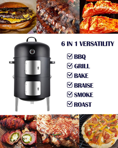 SUNLIFER Charcoal BBQ Grill, Heavy Duty 3-in-1 Barbecue Smoker Grill for Garden Camping Outdoor Cooking and Grilling
