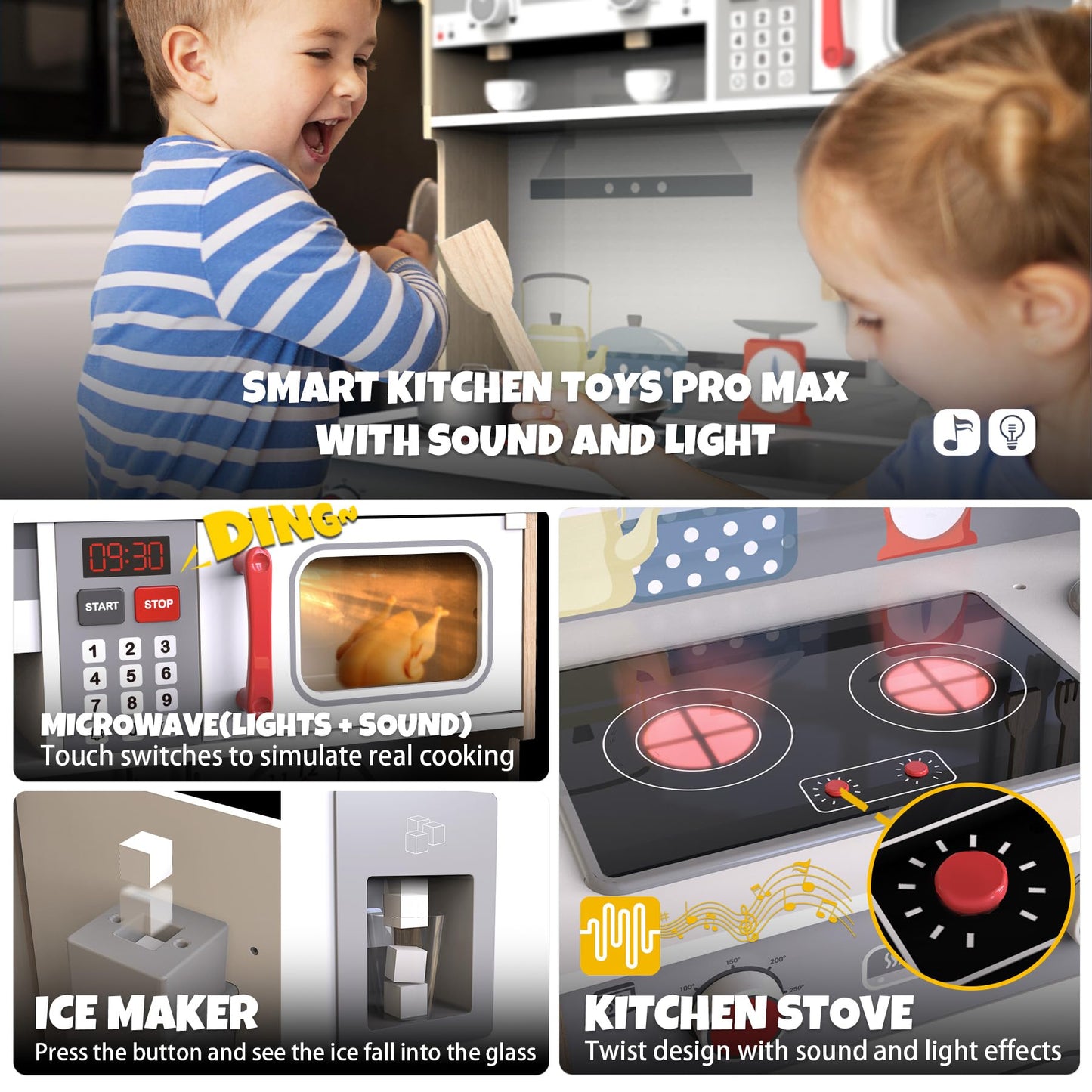 JOYOOSS Play Kitchen for Kids,Wooden Kids Kitchen Playset Toy Toddler Play Kitchen Set for Toddlers 3+ with Real Lights & Soundswith Cookware Accessories