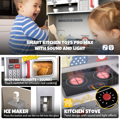 JOYOOSS Play Kitchen for Kids,Wooden Kids Kitchen Playset Toy Toddler Play Kitchen Set for Toddlers 3+ with Real Lights & Soundswith Cookware Accessories