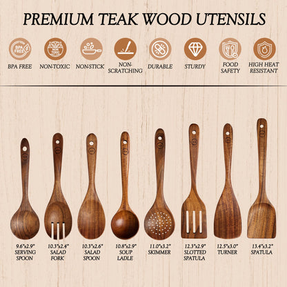 Wooden Spoons for Cooking – 6-12 Piece Teak Wood Cookware Utensil Set with Smooth Finish – Non-Stick, Comfortable Grip – Durable, Heat Resistant Kitchen Utensils (8 PCS Set)
