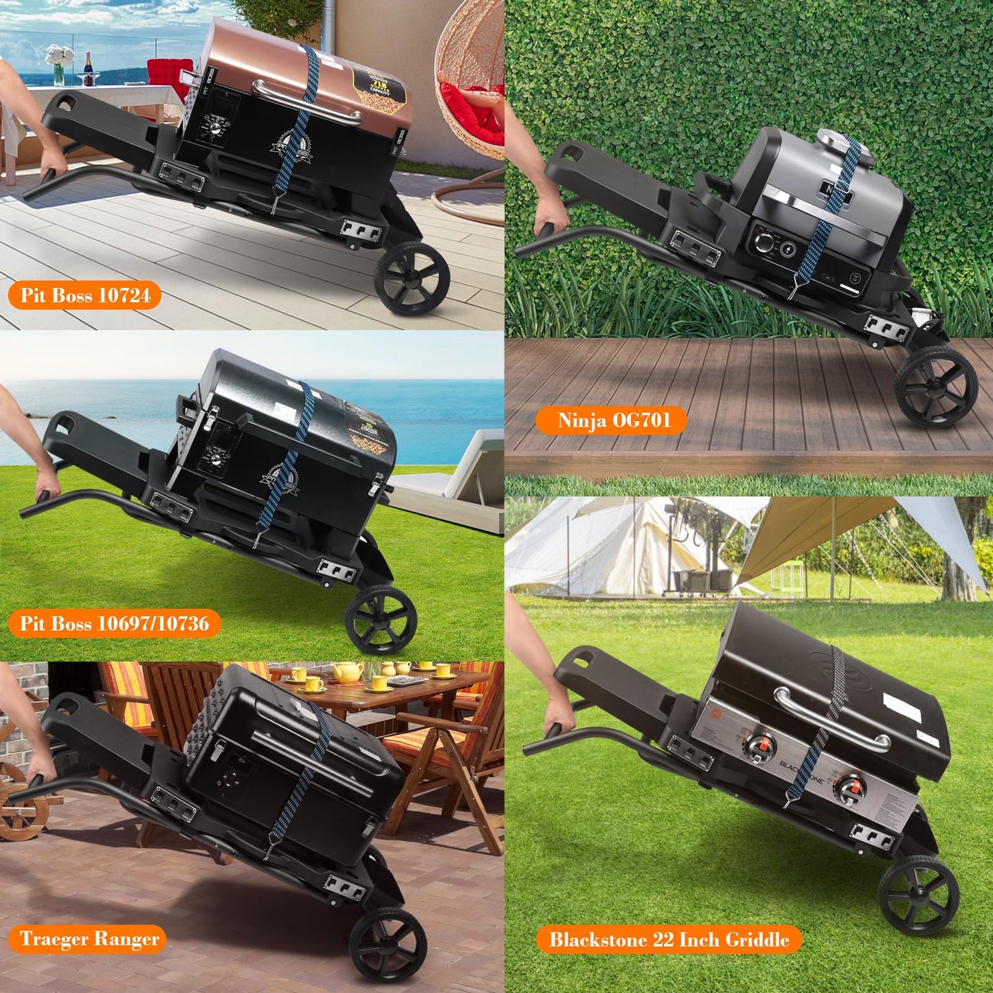 GRILL FORCE Portable Grill Cart for Ninja OG701 OG751, Collapsible Outdoor Grill Stand for Ninja Woodfire Grill, Fits Ninja OG700 Series, Traeger Ranger,Pit Boss 10697/10724 and 22" Blackstone Griddle