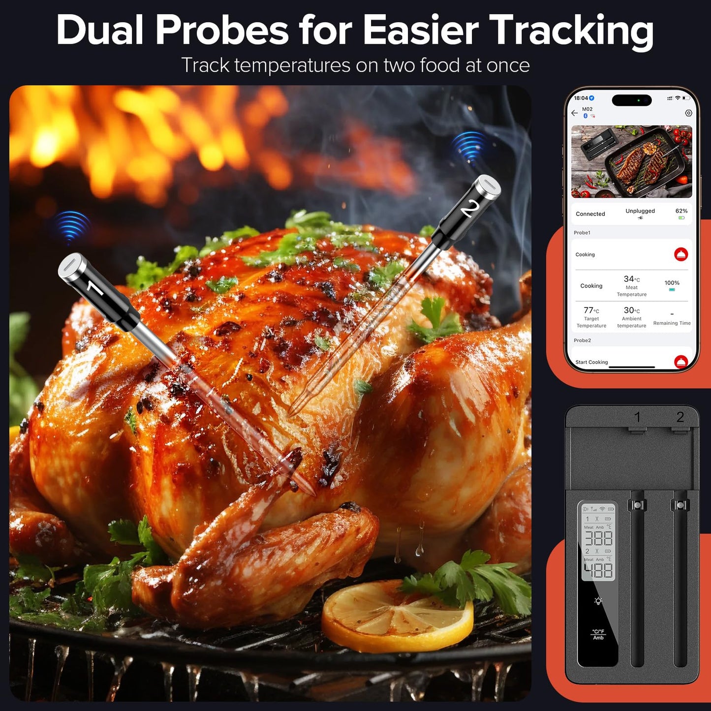 Smart Wireless Meat Thermometer with Dual Probes - Advanced Bluetooth Cooking Thermometer for Perfect Grilling, Smoking, Oven Roasting & Air Frying, Long Range Monitoring & Smart Alerts