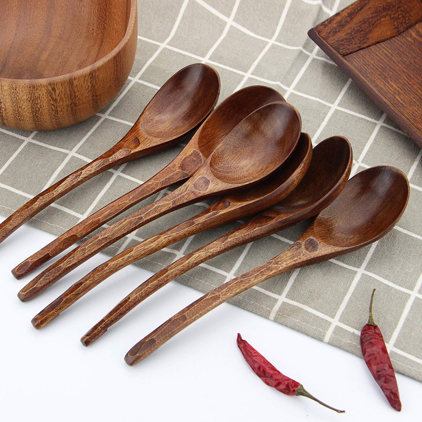 Soup Spoons,AOOSY Wooden Soup Spoons, 6 Pieces 7.84 inches Japanese Ramen Spoon Round Nanmu Wood Long Handle Rice Dessert Cooking Tasting Dinner Table Spoon for Kitchen Restaurant