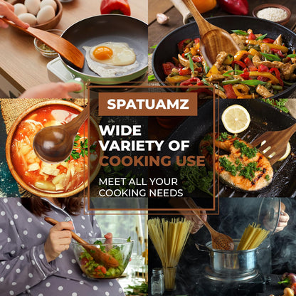 SPATUAMZ Wooden Spoons for Cooking, Teak Wooden Utensil Set for Nonstick Pans, Durable Wooden Spoons Set of 9 with Holder and Spoon Rest