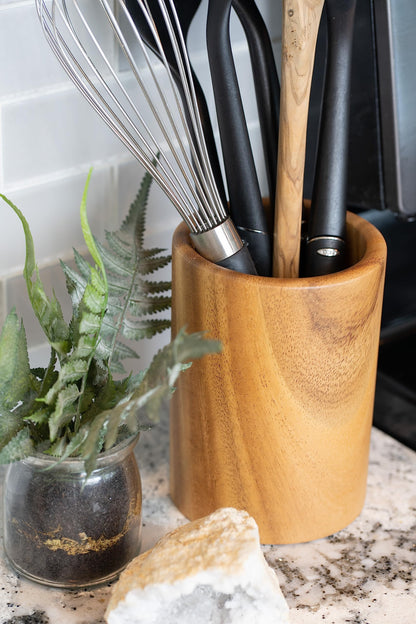 Wooden Utensil Holder - Teak Wood Utensil Holder - Wooden Spoon Holder - Kitchen Utensil Holder for Countertop - Utensil Crock for Kitchen Counter - Utensil Holder - Wine Holder - Art Supply Holder