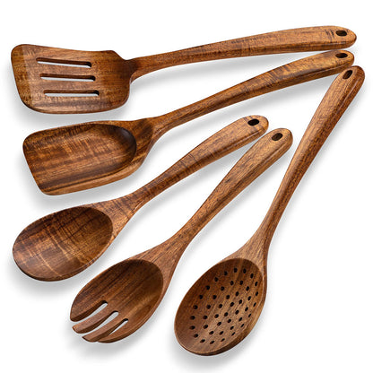 TANAAB Kitchen Wooden Spoons Utensils Set for Cooking, 5 Piece Acacia Wood Spoon Cooking Utensils Apartment Essentials Wooden Turner Spoon Spatula Kitchen Set for Nonstick Cookware (5-pieces-set)