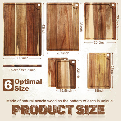 Ziliny Set of 6 Acacia Wood Cutting Board for Kitchen Set Charcuterie Boards Wooden Chopping Board for Meat,17 x 12, 15 x 10, 12 x 10, 11 x 7, Double 9 x 6.1 Inch, Housewarming Gifts