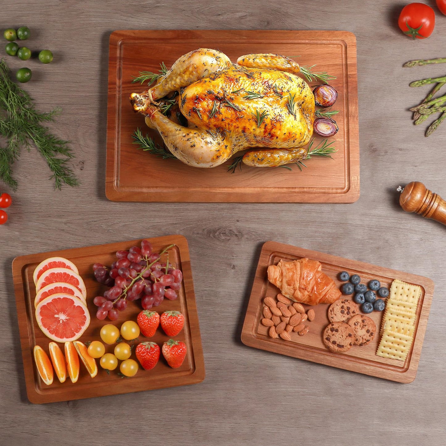 Wood Cutting Board, Wooden Cutting Boards for Kitchen with Deep Juice Grooves & Built-in Handles, Ideal Charcuterie & Chopping for Meat, Chopping Boards Set of 3