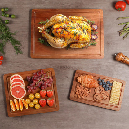 Wood Cutting Board, Wooden Cutting Boards for Kitchen with Deep Juice Grooves & Built-in Handles, Ideal Charcuterie & Chopping for Meat, Chopping Boards Set of 3