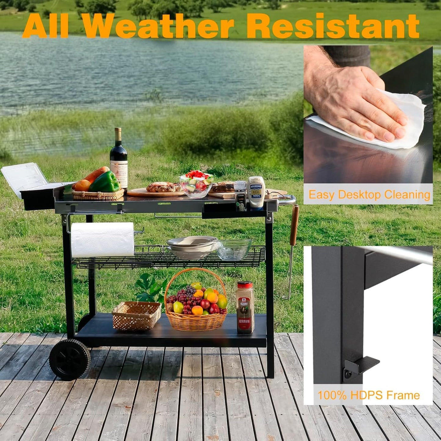 Pittazero Outdoor Grill Cart, 500lb Dining Cart Table with Three-Shelf, Stainless Steel Rolling Movable Food Prep and Work Table