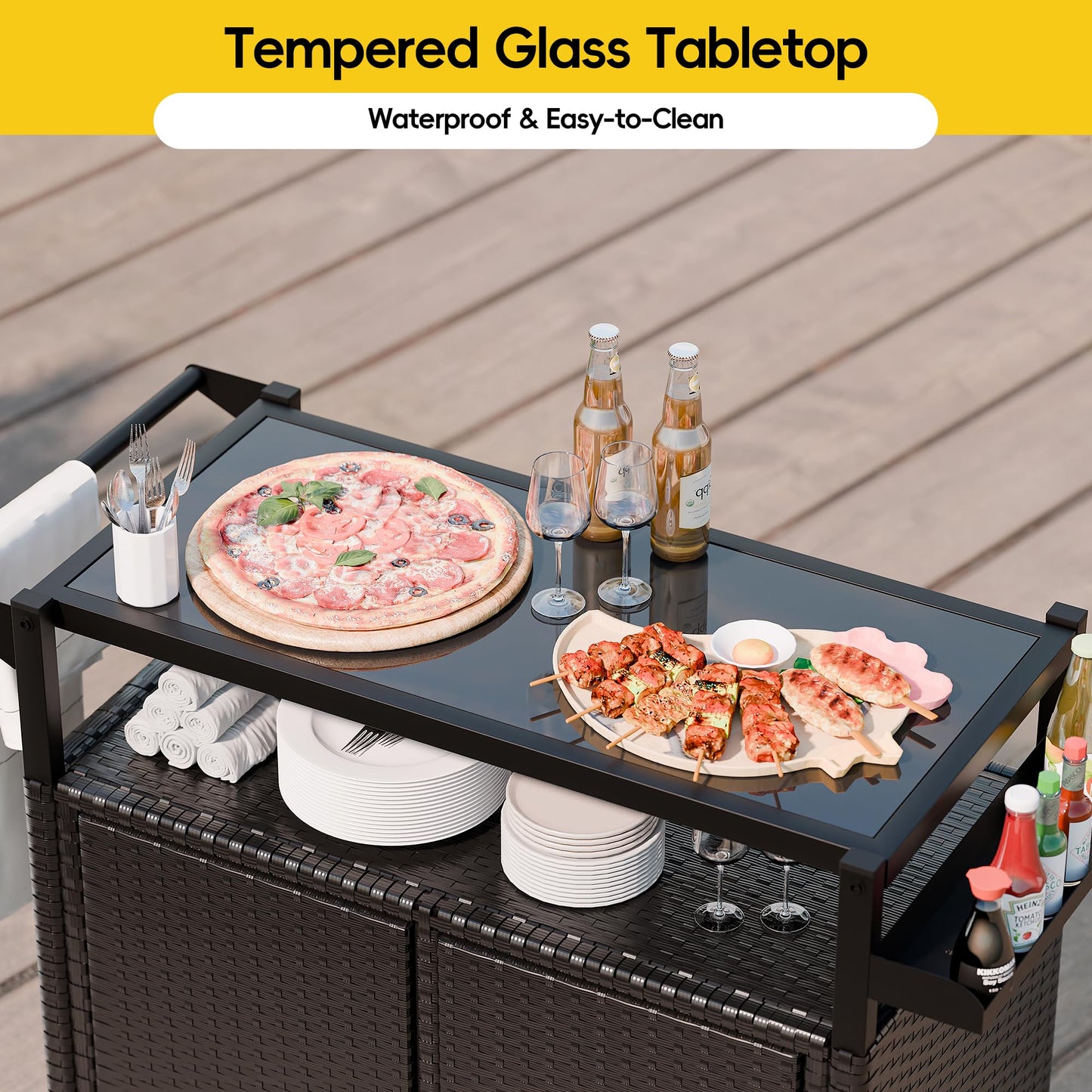 MU Outdoor Bar Cart with Storage and Wheels, Outdoor Bar Table with Tempered Glass Top & Shelf, Rolling Wicker Storage Cabinet with Rounded Handle & Side Basket for Backyard, Poolside, Garden, Black