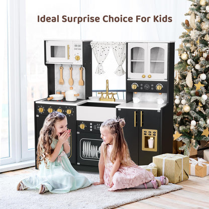 OOOK Modern Wooden Play Kitchen Set for Kids, Toddler Kitchen Playset with Real Lights & Sounds, Including 14 Pcs Accessories, Gift for Girls and Boys