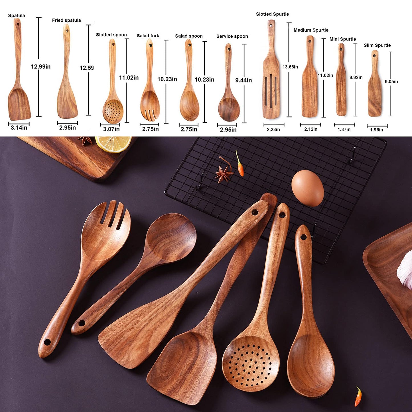 Wooden Spoons for Cooking,GUDAMAYE 10 PCS Wooden Kitchen Utensils Set,Wooden Cooking Utensils For Non-stick Pan,Teak Wood Utensils Set,Spurtles Kitchen Tools As Seen On Tv