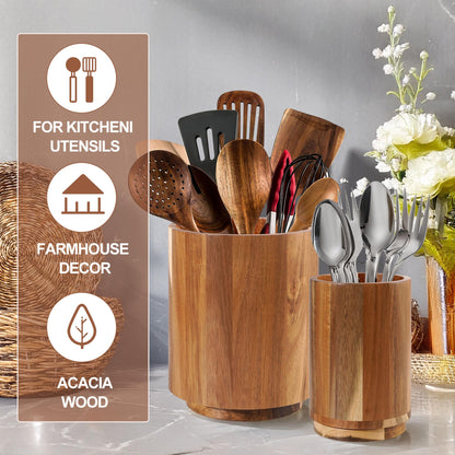 Wooden Utensil Holder for Kitchen Counter,360° Rotating Kitchen Utensil Holder,7.3"+5.7" Spatula Holder for Counter,Large Cooking Utensil Crock Natural Rustic Appearance for Home Decor,Set of 2