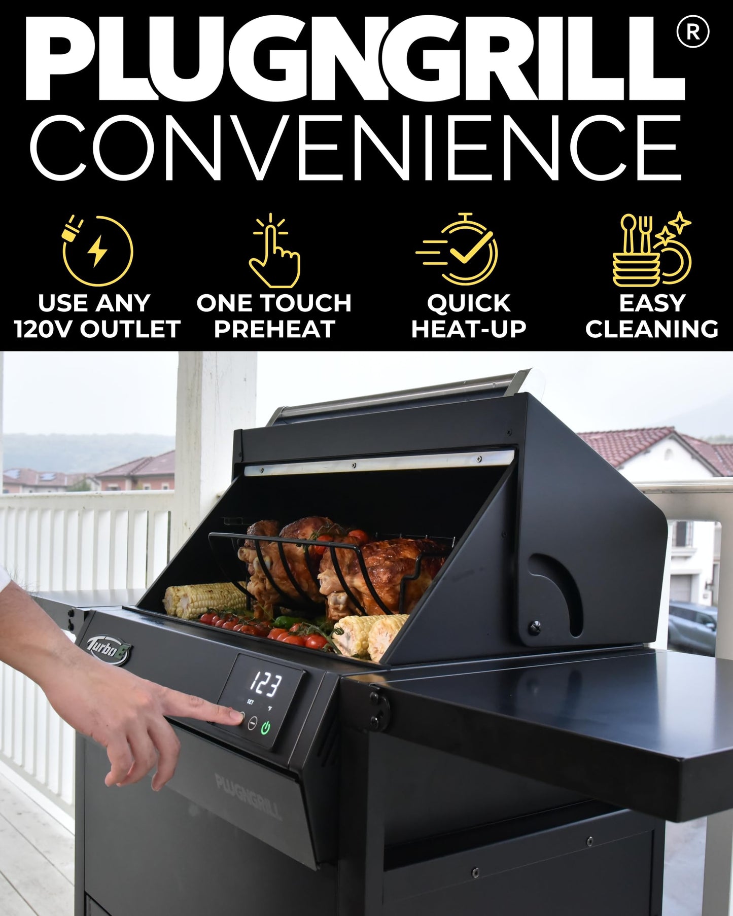 Turbo E Outdoor Electric Grill by PLUGNGRILL - High-Power 1700W Infrared Grill Technology - 24-Inch Smart BBQ Grill with Probe & Digital Display for Precise Cooking & Searing (Turbo E)