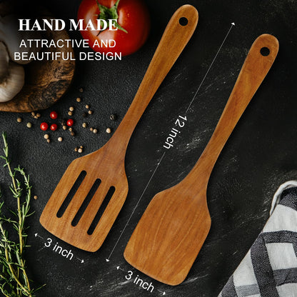 12 Inch Acacia Wood Spatula for Cooking Utensils Slotted Turner Best Non Toxic Spatulas Nonstick Flat Teak Wooden Spatula for Kitchen Use, Frying, Eggs, Pancakes Cooking Spatula Set Bamboo Utensil