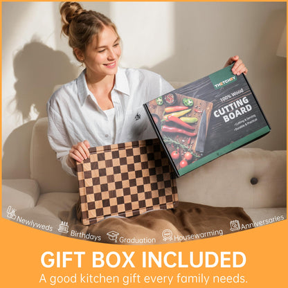 THETCHRY Cutting Boards for Kitchen, Checkered Cutting Board Upgraded, Acacia Wood Chopping Board with Juice Grooves & Handles, Large Butcher Block Serving Tray with Gift Box, 16.5" x 11.6" x 0.8"