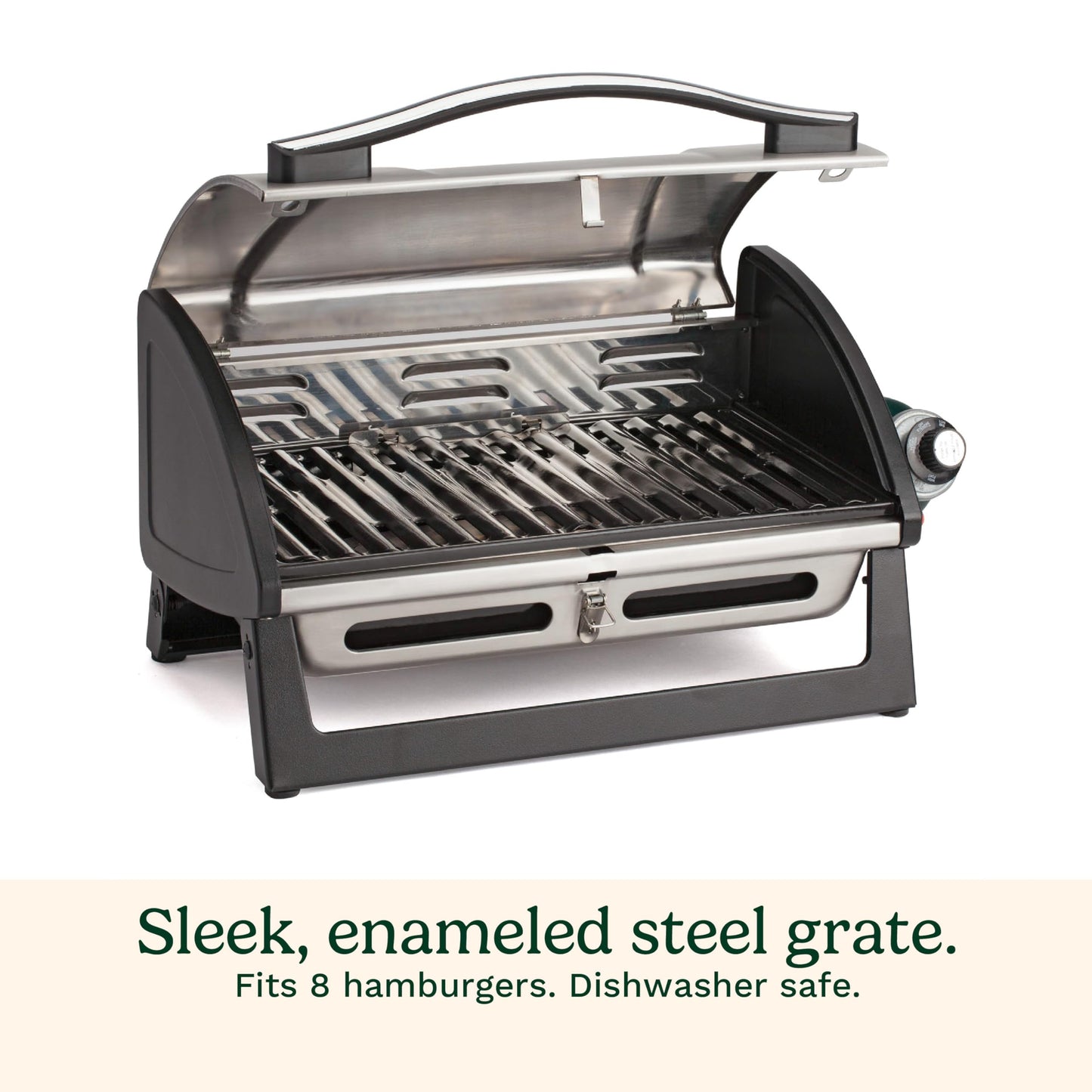 Cuisinart Grillster Portable Gas Grill, Stainless Steel Compact BBQ Grill with Locking Lid for Easy Transport, 8000 BTU Propane Grill with Dishwasher Safe Cooking Grate, Small Grill for Camping & BBQs