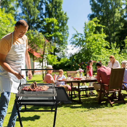 BBQ Charcoal Grill with Cart, Heavy Duty Square Outdoor Detachable Portable Grill, 360° Rotating Cooking Grid Stand-up Grills with Wheels for Camping Garden Commercial Barbeque