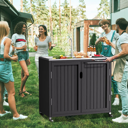 Outdoor Grill Table Kitchen Island with 304 Stainless Steel Top | Rolling Cart with Bar Sink, Faucet & Storage Cabinets | Solid Wood Mobile Prep Station for Pizza Oven & BBQ Accessories (L32.6“xW39”)