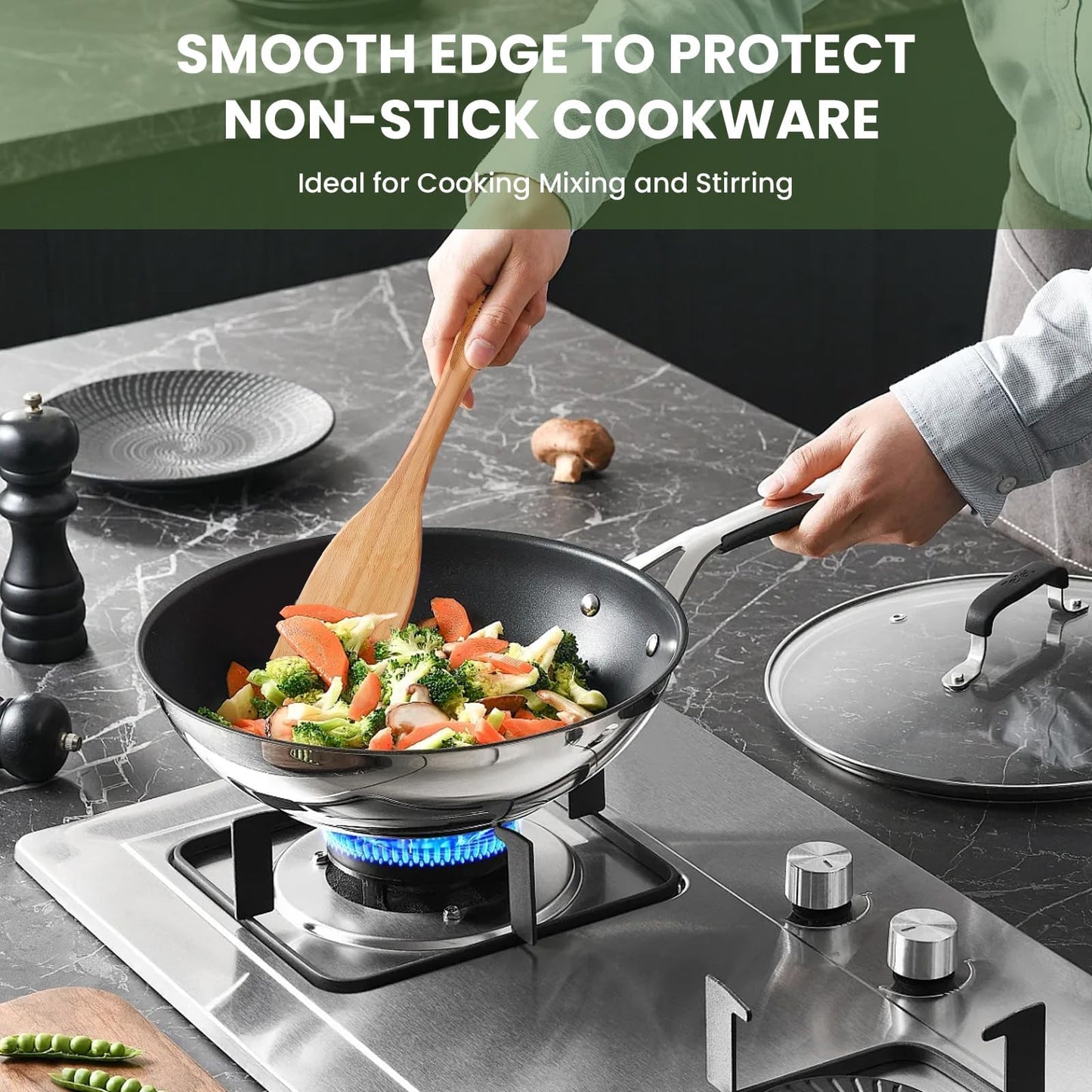 GEEKHOM Bamboo Spatulas for Nonstick Cookware, 13 Inch Wooden Kitchen Utensils, 2 Pack Wooden Spatula for Cooking, Slotted Wok Turners, Flipper for Pancake, Fish, Egg