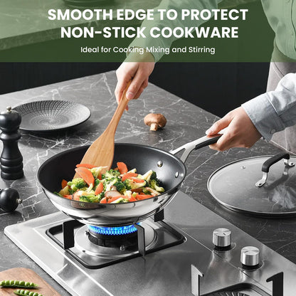 GEEKHOM Bamboo Spatulas for Nonstick Cookware, 13 Inch Wooden Kitchen Utensils, 2 Pack Wooden Spatula for Cooking, Slotted Wok Turners, Flipper for Pancake, Fish, Egg