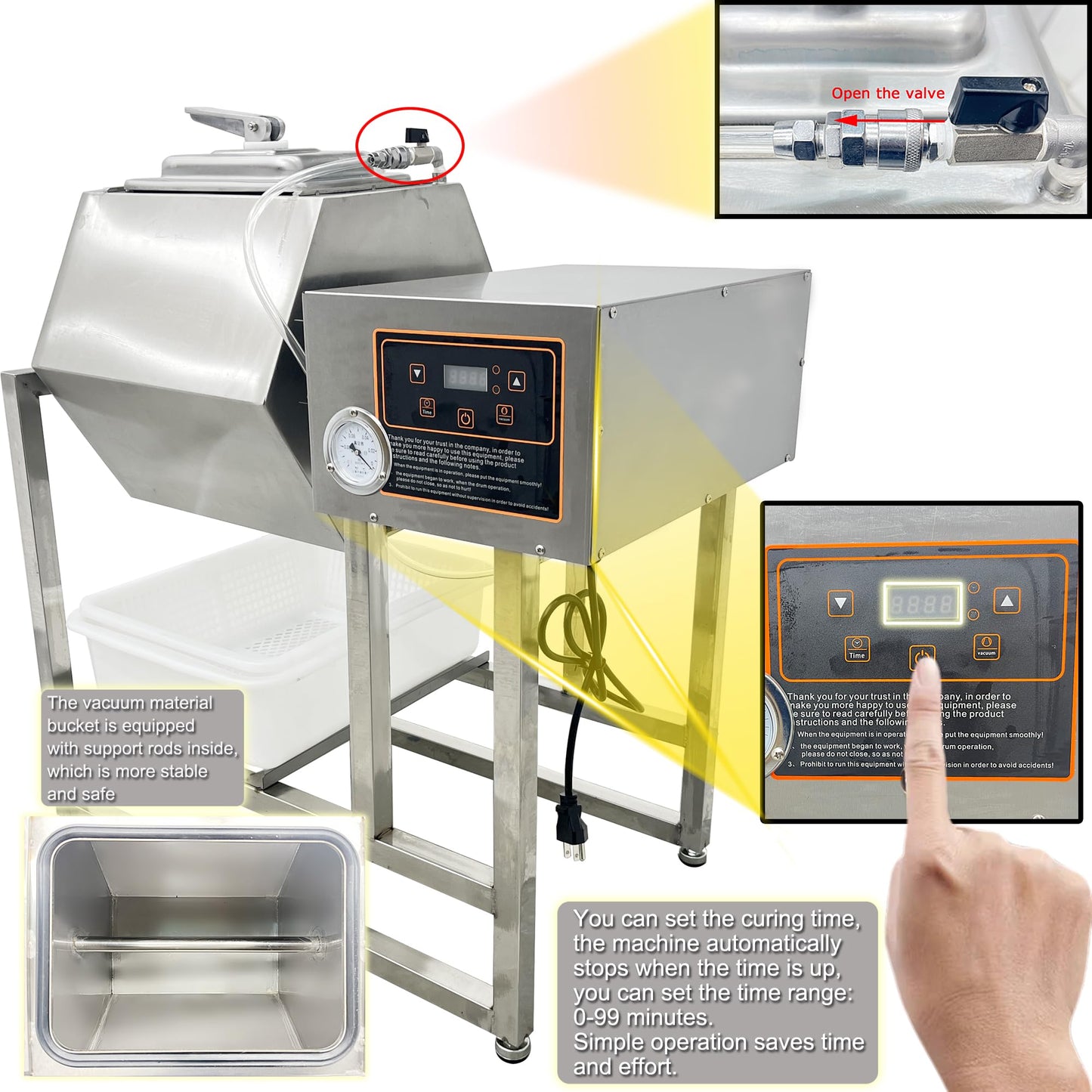 HQHAOTWU Vegetable Marinating Machine Meat Vegetable Tumbler Marinator Food Vacuum Marinator Fast Marination Process Meat Pickle Machine with Vacuum Pump 45L Capacity Timing Range 0-99 Minutes 110V