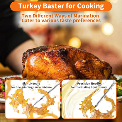Stainless Steel Turkey Baster, Turkey Basters for Cooking, Turkey Baster Sets -Syringe, 2 Detachable Marinade Injector Needles, Cook and Cleaning Brush, for Flavor Meat Poultry, Beef & Chicken Cooking