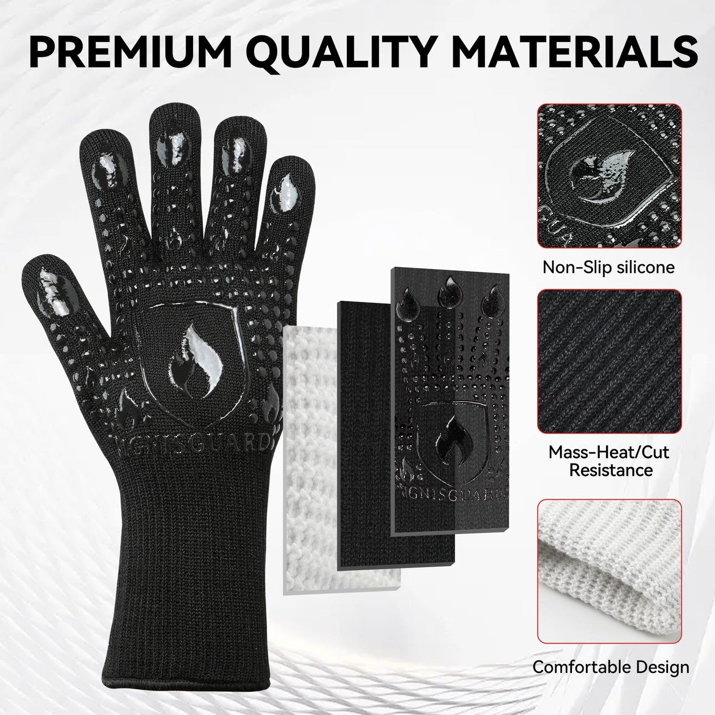 IGNISGUARD BBQ & Grill Gloves, 1472°F Silicone Oven Mitts Heat Resistant Gloves for Cooking, Oven Gloves with Fingers Fireproof Non-Slip Kitchen Gloves for Baking Grilling, 1-Pair Black