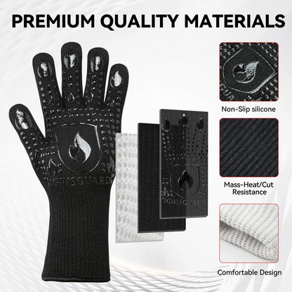 IGNISGUARD BBQ & Grill Gloves, 1472°F Silicone Oven Mitts Heat Resistant Gloves for Cooking, Oven Gloves with Fingers Fireproof Non-Slip Kitchen Gloves for Baking Grilling, 1-Pair Black