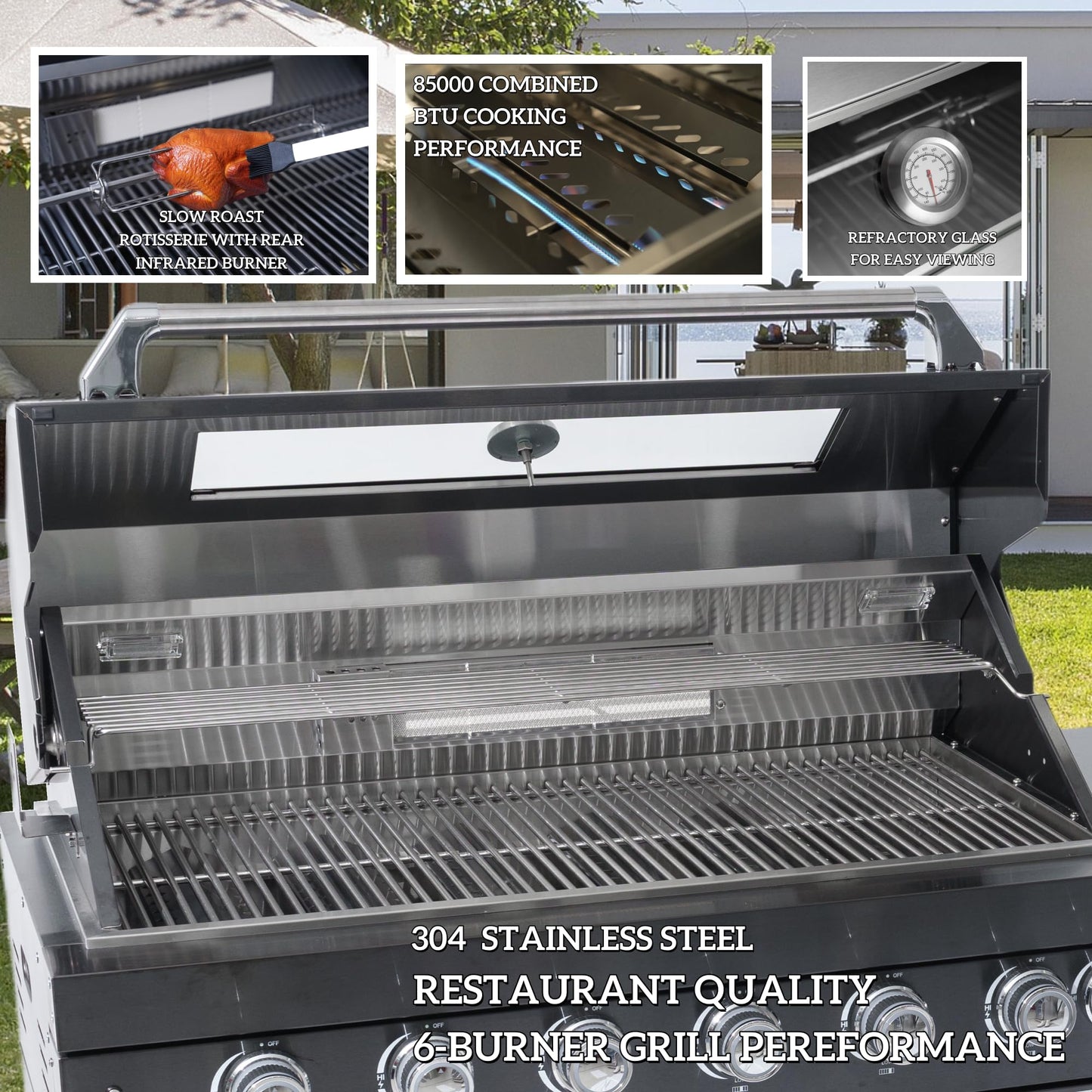 Outdoor Kitchen Island 85" 6-Burner 85000 BTU Deluxe Modular BBQ Island - Grill Islands w/Wine Cooler, Built in Combo Outside Island + Rotisserie & Granite Top Outdoor Grill