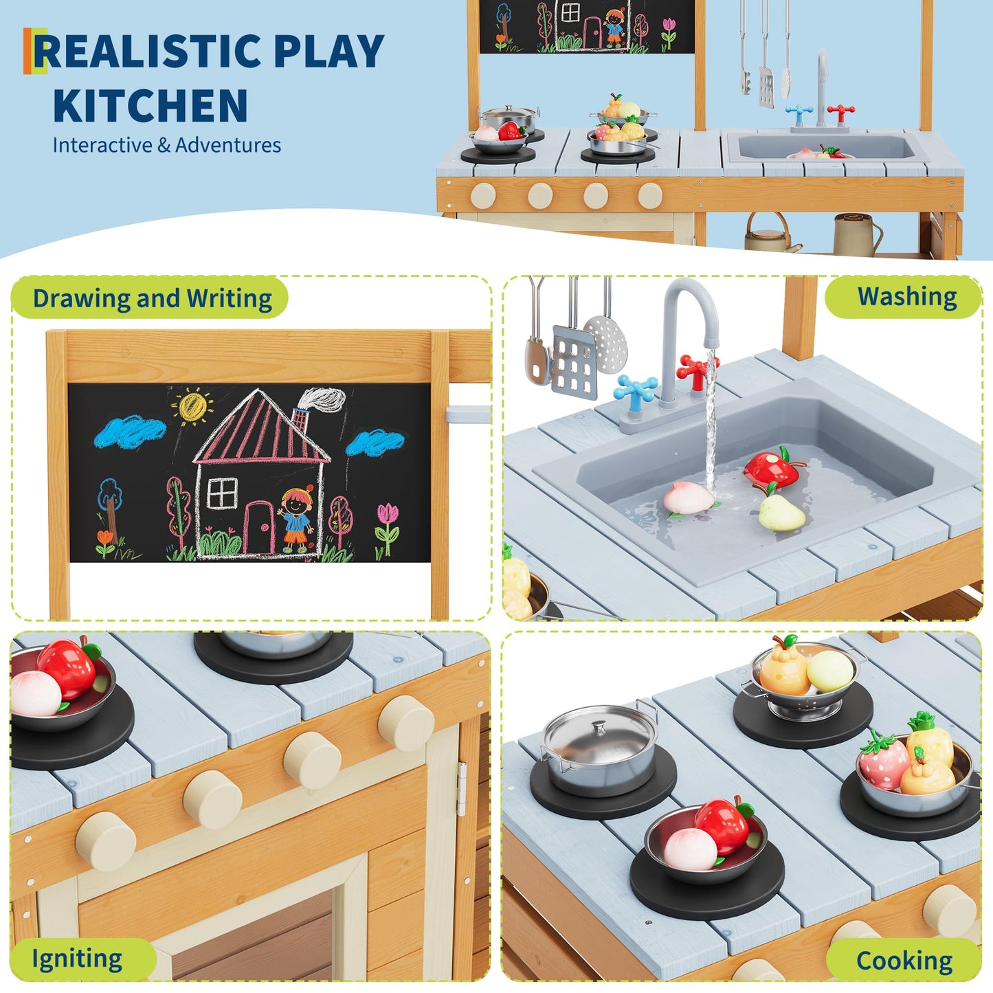 Mud Kitchen for Kids Outdoor Wooden Pretend Play Kitchen Set with See-Through Planter Box, Removable Sink & Faucet, Chalkboard, Storage Shelves＆Pretend Stove Montessori Learning Playset Toy for Toddle