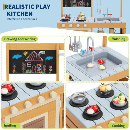 Mud Kitchen for Kids Outdoor Wooden Pretend Play Kitchen Set with See-Through Planter Box, Removable Sink & Faucet, Chalkboard, Storage Shelves＆Pretend Stove Montessori Learning Playset Toy for Toddle