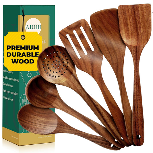 AIUHI Nonstick Natural Wooden Kitchen Utensils Set, Smooth Finish Teak Wood Spoons for Cooking, Comfortable Grip Spatula for Elaborate Cooking 6Pcs