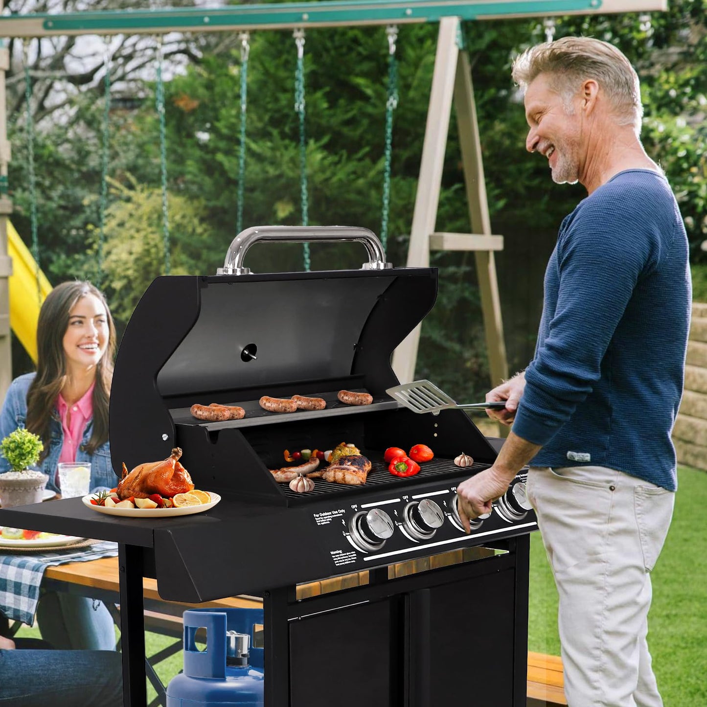 GIODIR 4-Burners Propane Gas Grill with Side Burner, 50,000 BTU Outdoor BBQ Grill, Cast Iron Cooking Grate with Wheels for Outdoor Patio Garden